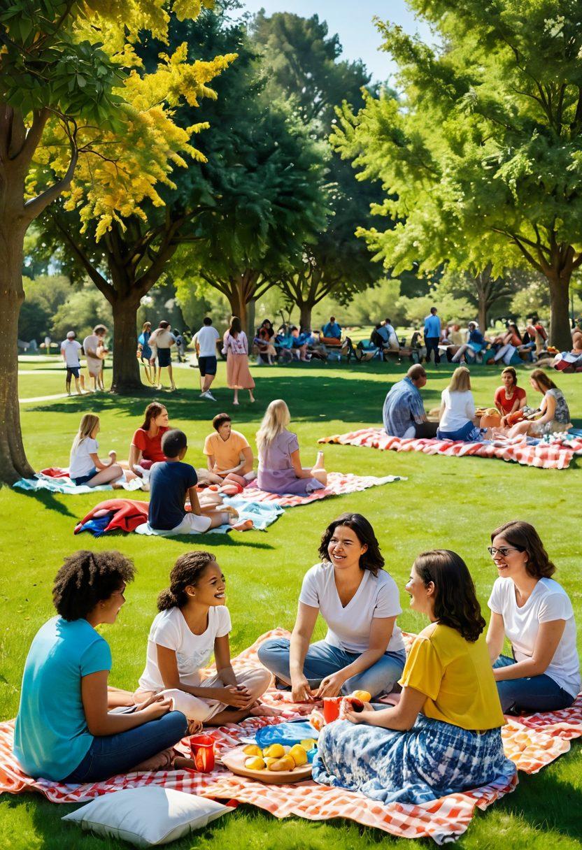 A warm, inviting community gathering in a lush park, showcasing diverse people sharing laughter and joy, colorful picnic blankets spread out, children playing, and adults engaging in conversations, with vibrant flowers blooming all around. The scene is filled with sunlight and a sense of togetherness. super-realistic. vibrant colors. natural setting.