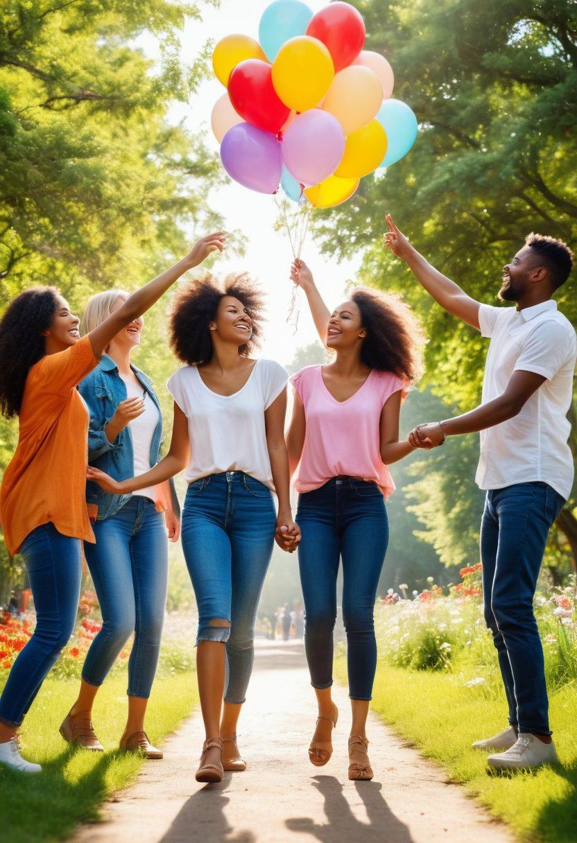 A radiant group of diverse individuals sharing laughter and joy in a sunlit park, surrounded by vibrant flowers and greenery. Illustrate a sense of connection with each person holding hands or embracing, showcasing the warmth of friendship. Include colorful balloons floating above them, symbolizing joy and celebration. Capture the essence of unity in a joyful, lively atmosphere. super-realistic. vibrant colors. white background.