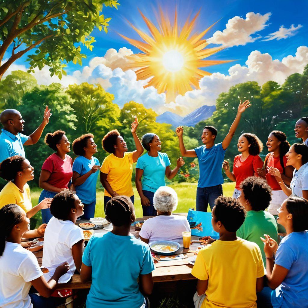 A diverse group of people of varying ages and ethnicities joyfully engaging in a community gathering outdoors, surrounded by vibrant nature, sharing stories and laughter. Incorporate elements of teamwork, like a mural being painted together in the background, signifying collective effort and optimism. Sunshine breaking through clouds above symbolizes hope and positivity. super-realistic. vibrant colors. uplifting atmosphere.